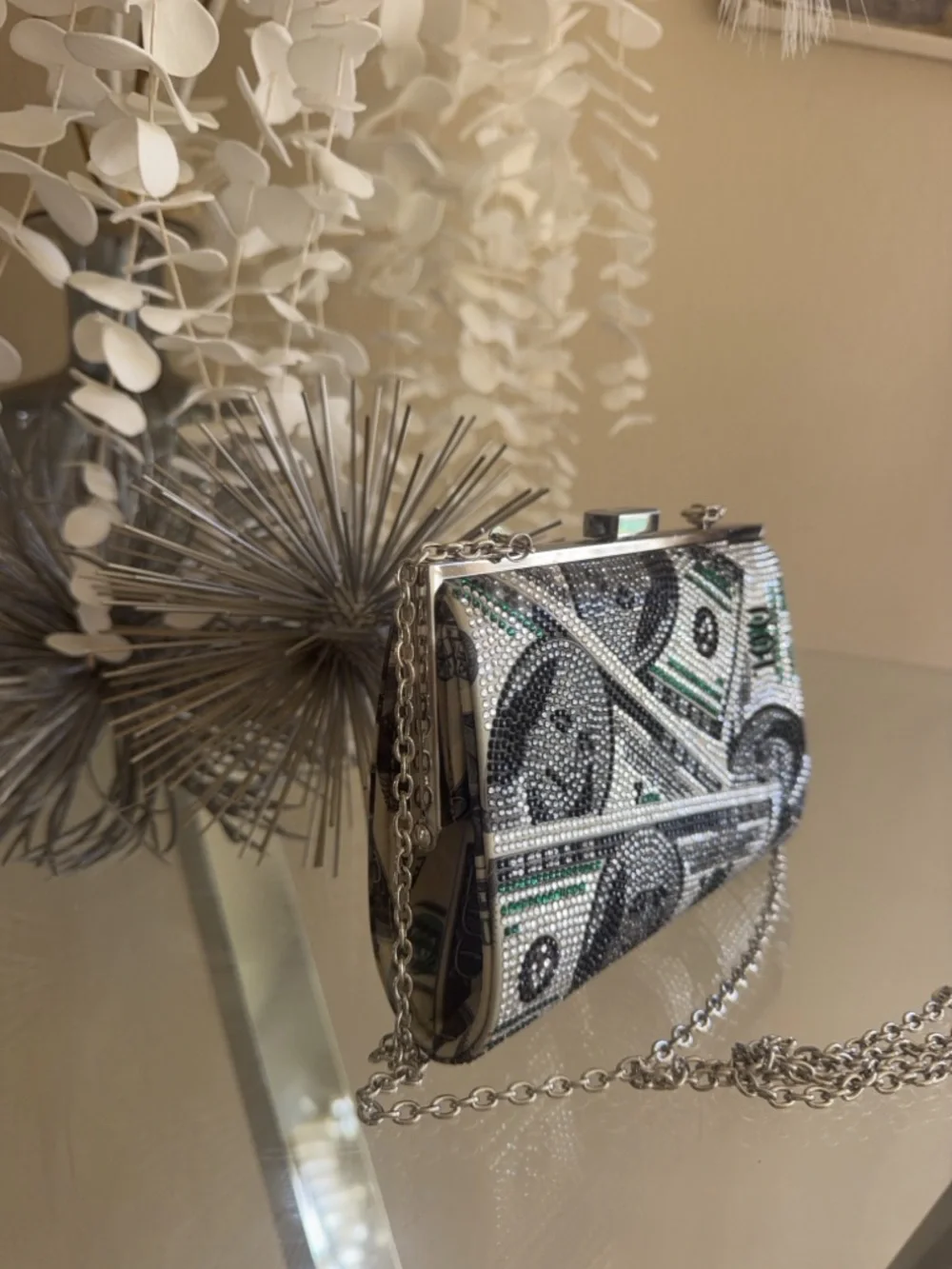 Crystal Money Print Evening Clutch - Silver & Green